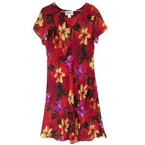 Vintage R&K Tropical Dress size 14 Red Lined Pullover Beachy Luau Floral Island